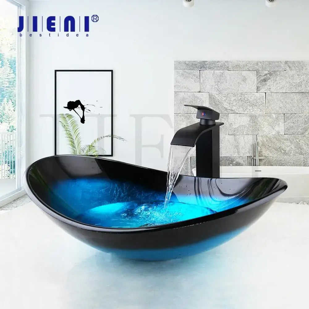 Modern black & blue glass vessel sink basin tap set bathroom