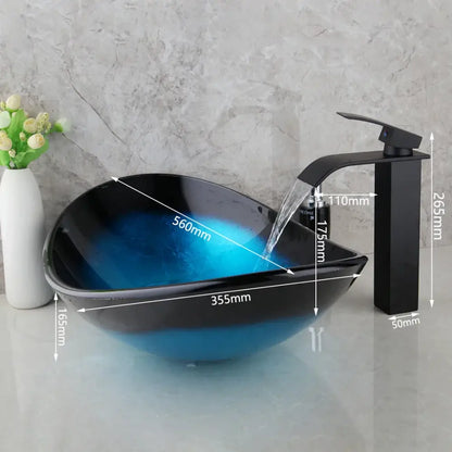 Modern black & blue glass vessel sink basin tap set bathroom