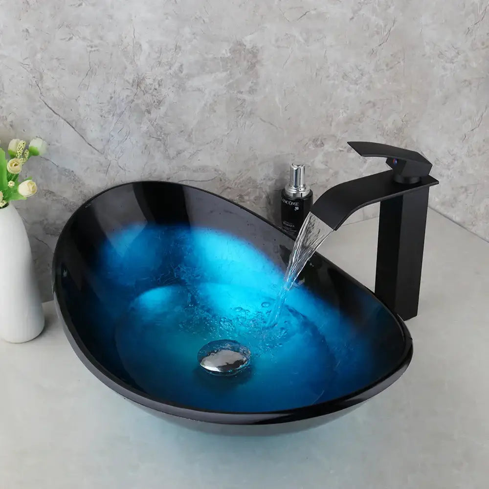 Modern black & blue glass vessel sink basin tap set bathroom