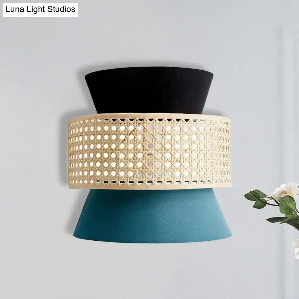 Modern black & blue rattan dual cone wall lamp bedroom sconce