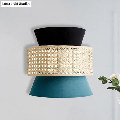 Modern black & blue rattan dual cone wall lamp bedroom sconce