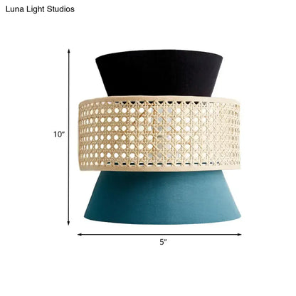 Modern black & blue rattan dual cone wall lamp bedroom sconce