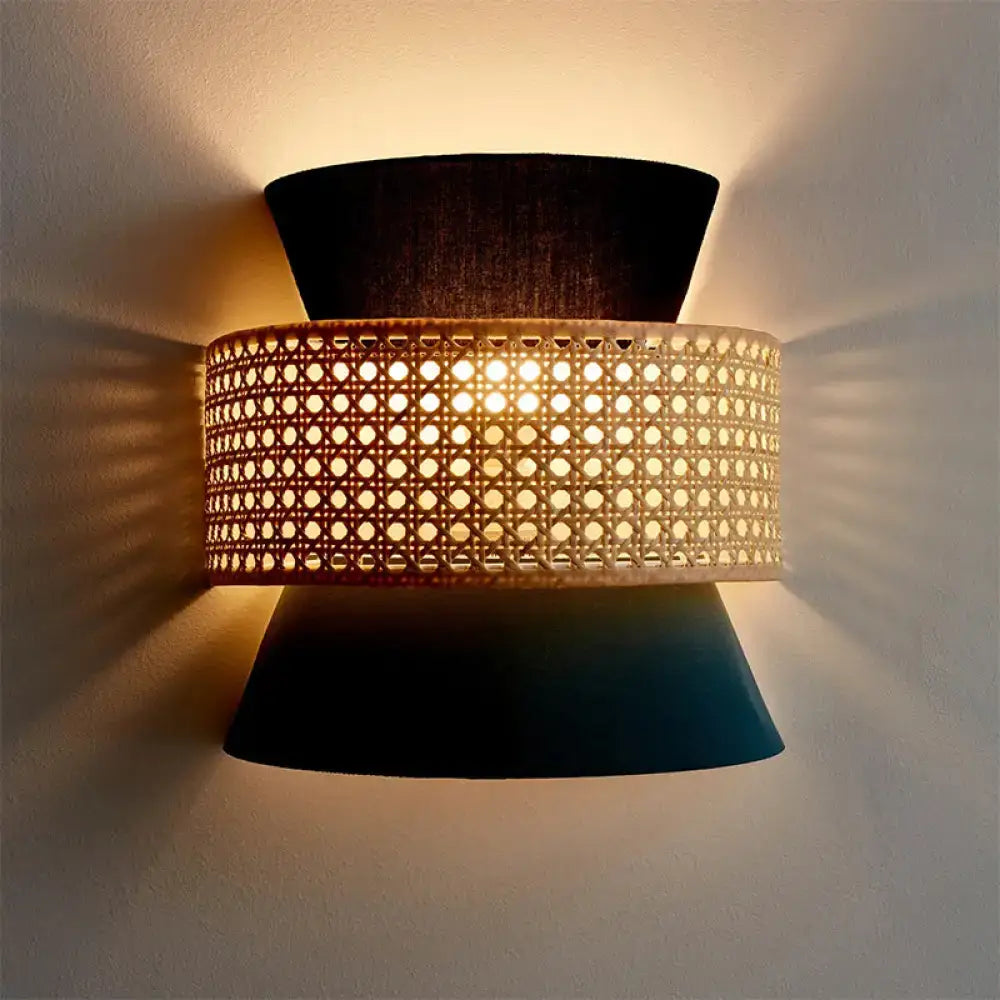 Modern black & blue rattan dual cone wall lamp bedroom sconce