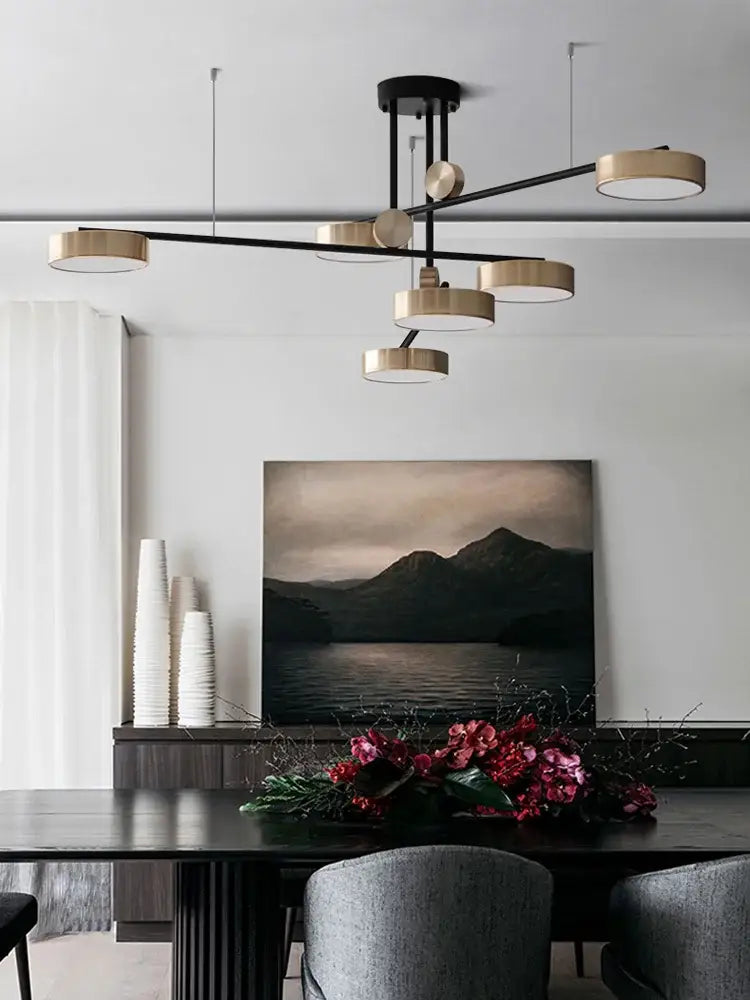 Modern black & brass circular pendant light dining room