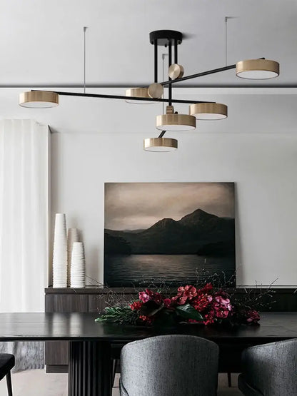 Modern black & brass circular pendant light dining room