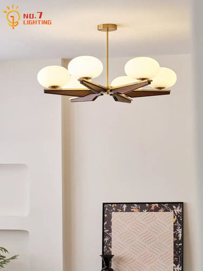 Modern black & brass cream wood led chandelier living room light