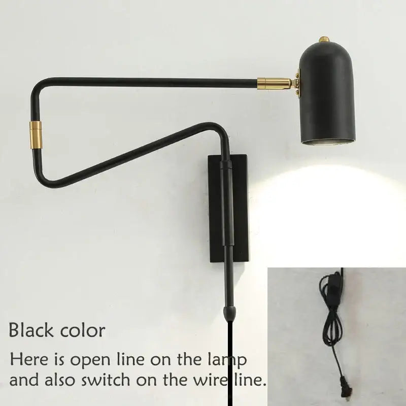 Modern black & brass adjustable long-arm wall lamp bedroom