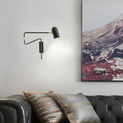 Modern black & brass adjustable long-arm wall lamp bedroom