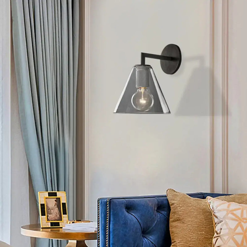 Modern black & brass glass cone wall light bedroom direct wired electric