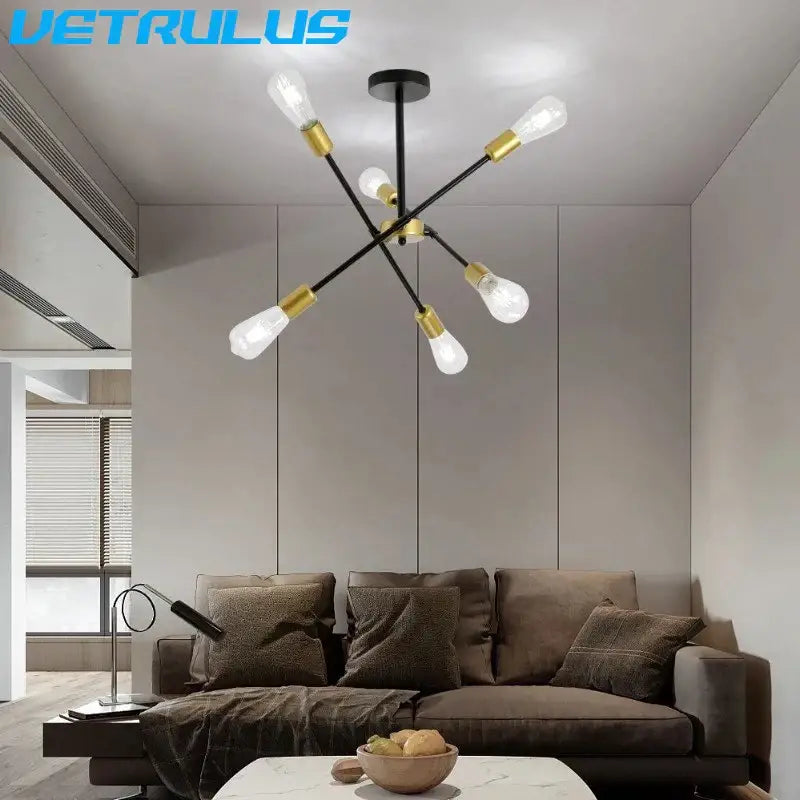 Modern black & brass iron sputnik chandelier dining room light