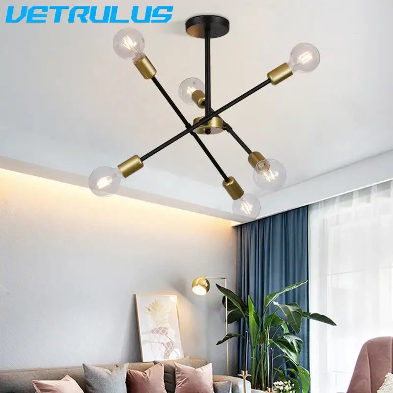 Modern black & brass iron sputnik chandelier dining room light