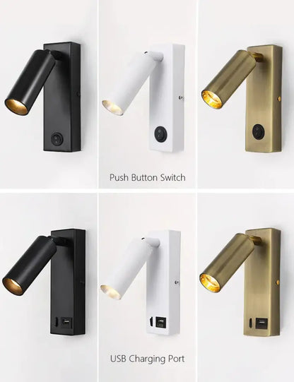 Modern black brass led wall lamp bedroom reading light with usb port