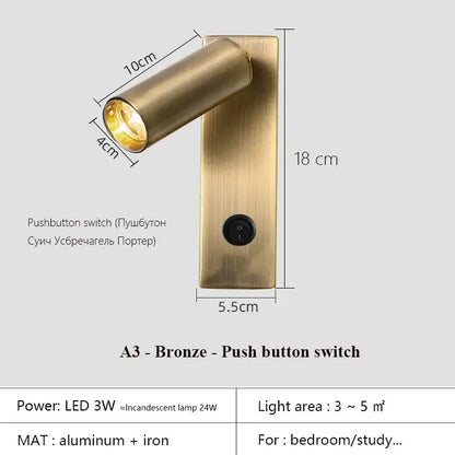 Modern black brass led wall lamp bedroom reading light with usb port