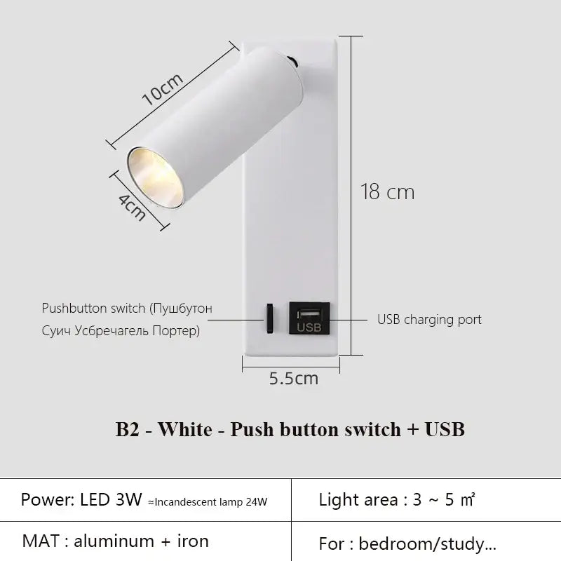 Modern black brass led wall lamp bedroom reading light with usb port