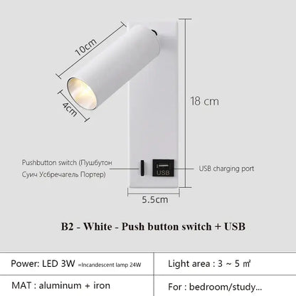 Modern black brass led wall lamp bedroom reading light with usb port