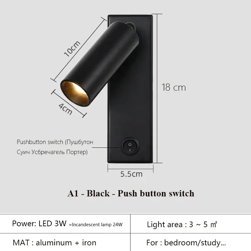 Modern black brass led wall lamp bedroom reading light with usb port