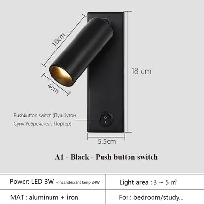 Modern black brass led wall lamp bedroom reading light with usb port