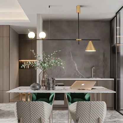Modern black & brass linear chandelier dining room spherical white glass