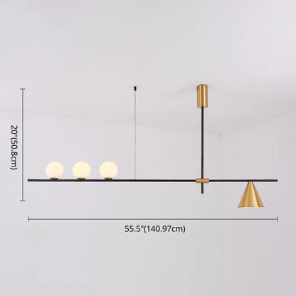 Modern black & brass linear chandelier dining room spherical white glass