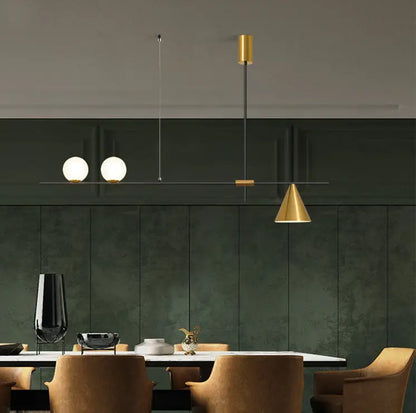 Modern black & brass linear chandelier dining room spherical white glass
