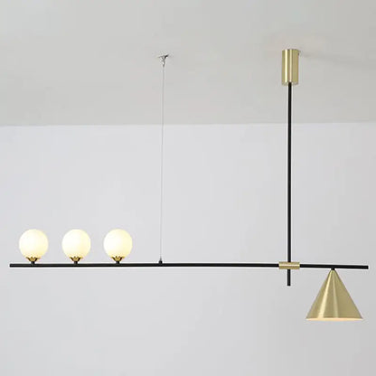 Modern black & brass linear chandelier dining room spherical white glass