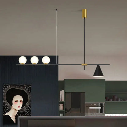 Modern black & brass linear chandelier dining room spherical white glass