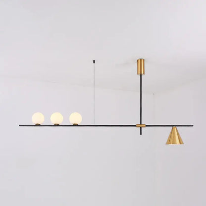 Modern black & brass linear chandelier dining room spherical white glass