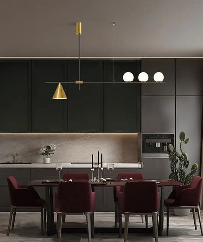 Modern black & brass linear chandelier dining room spherical white glass