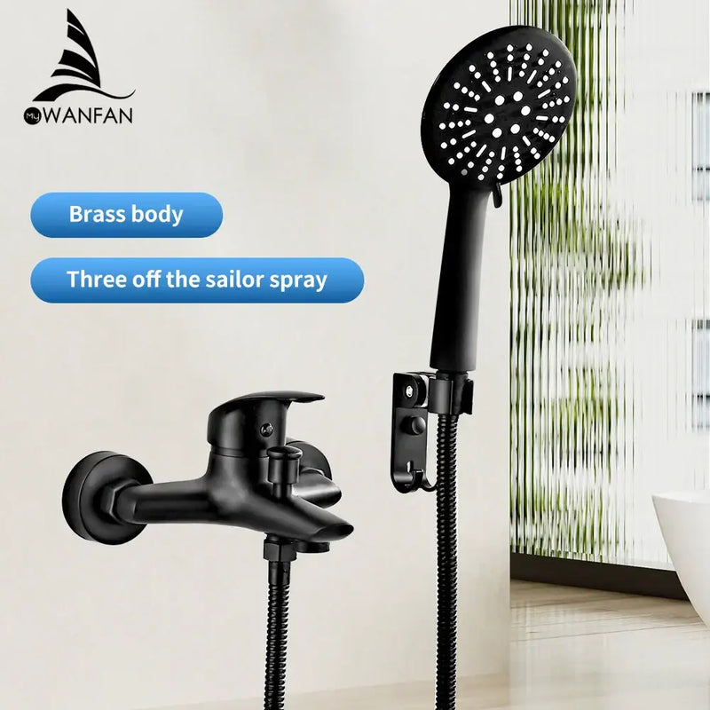 Modern black brass shower faucet set with 3 setting handheld spray bathroom faucet set