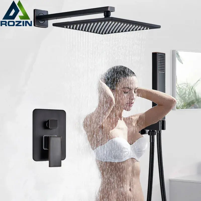 Modern black brass shower faucet with rainfall head for bathroom