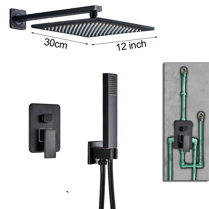 Modern black brass shower faucet with rainfall head for bathroom