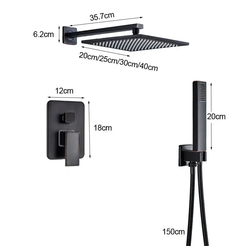 Modern black brass shower faucet with rainfall head for bathroom
