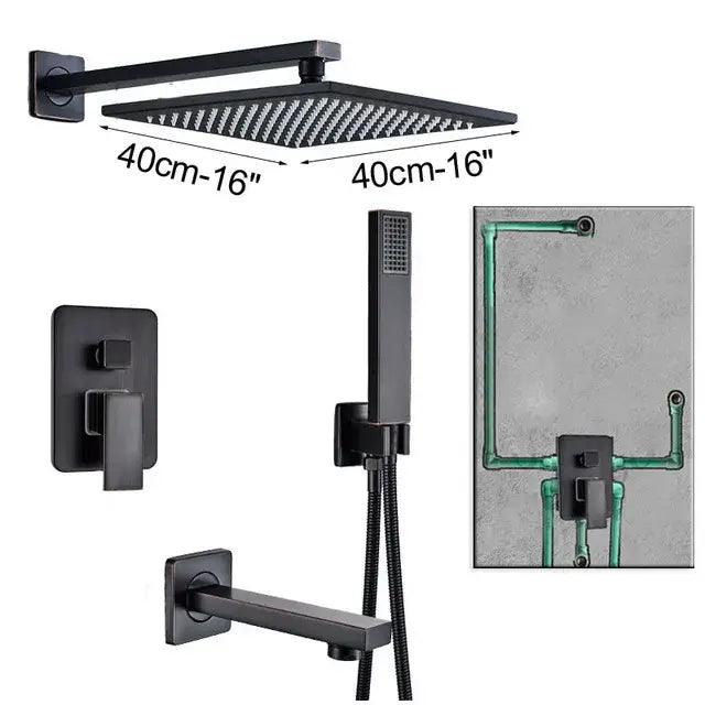 Modern black brass shower faucet with rainfall head for bathroom