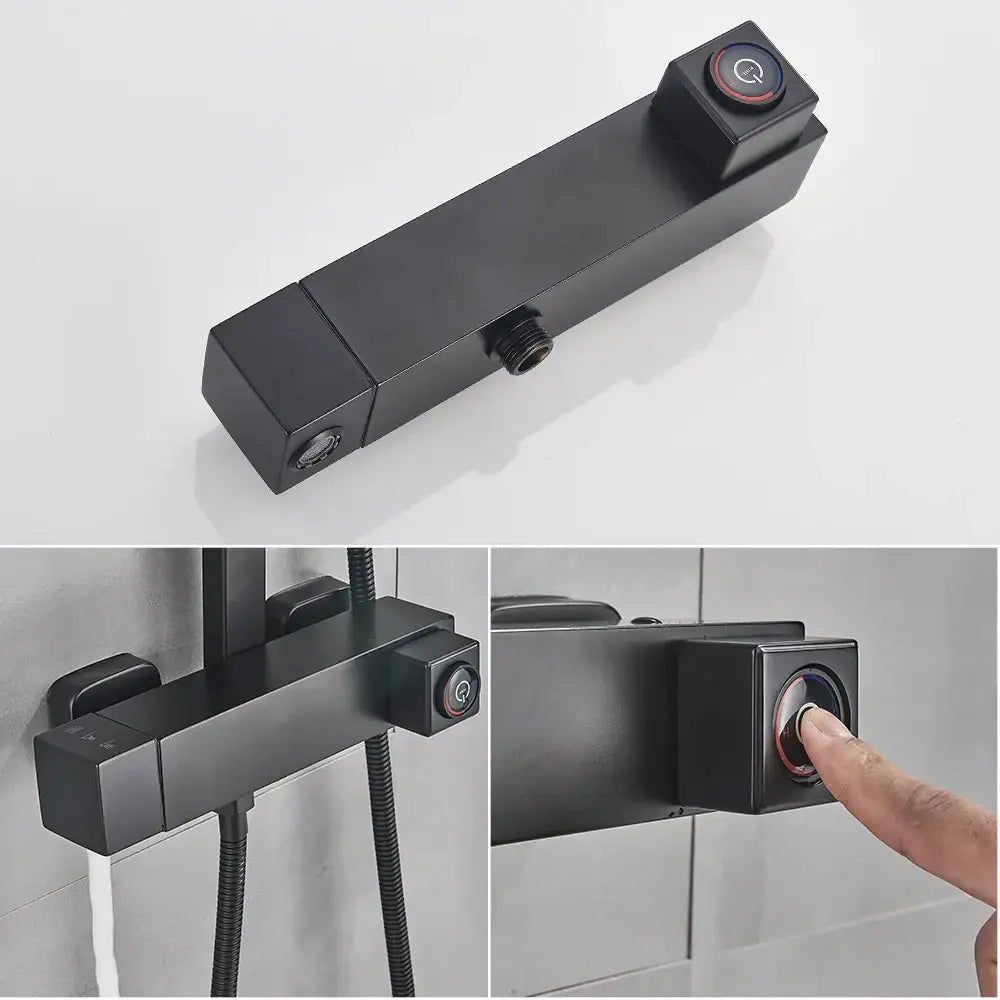 Modern black brass shower faucet with rainfall head for bathroom