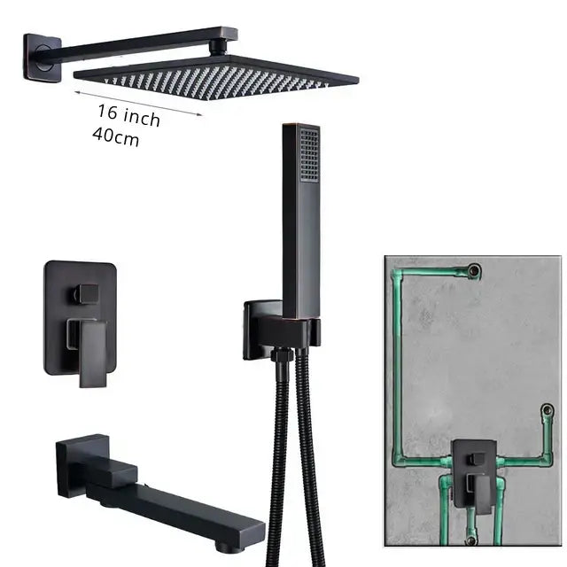 Modern black brass shower faucet with rainfall head for bathroom