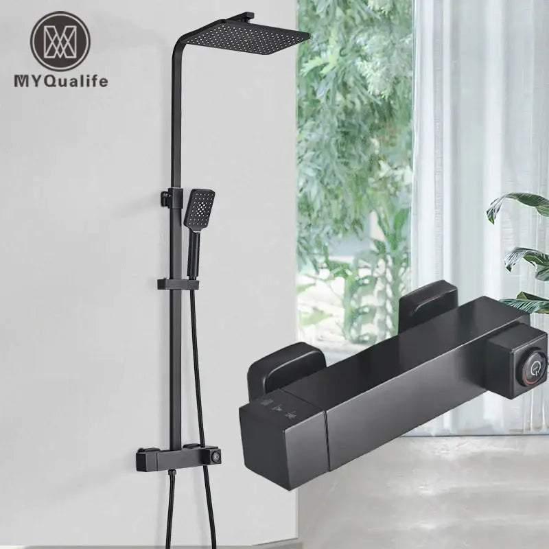 Modern black brass shower faucet with rainfall head for bathroom