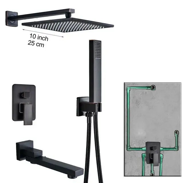 Modern black brass shower faucet with rainfall head for bathroom