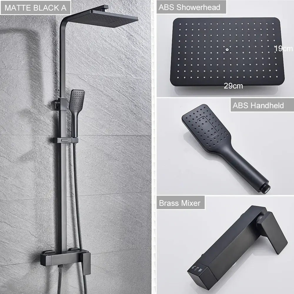 Modern black brass shower faucet with rainfall head for bathroom