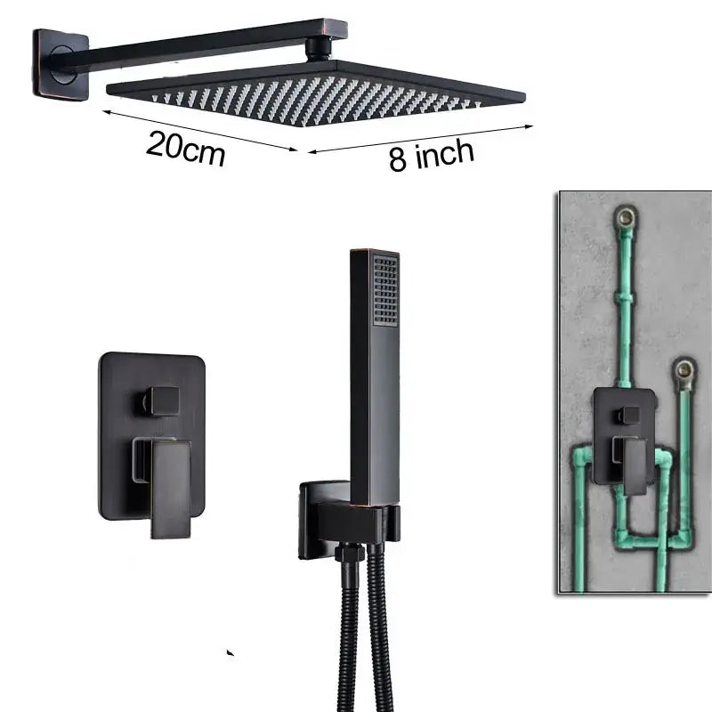 Modern black brass shower faucet with rainfall head for bathroom