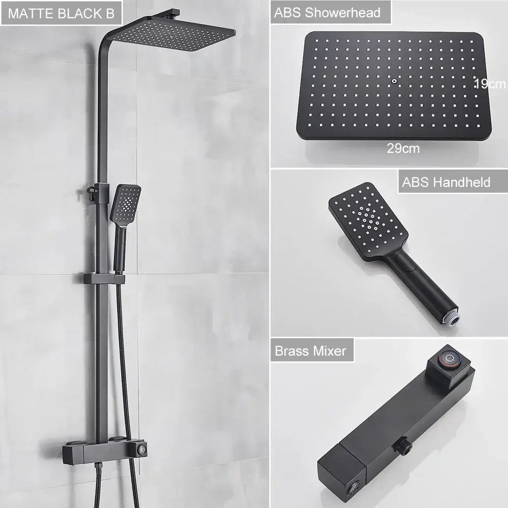 Modern black brass shower faucet with rainfall head for bathroom