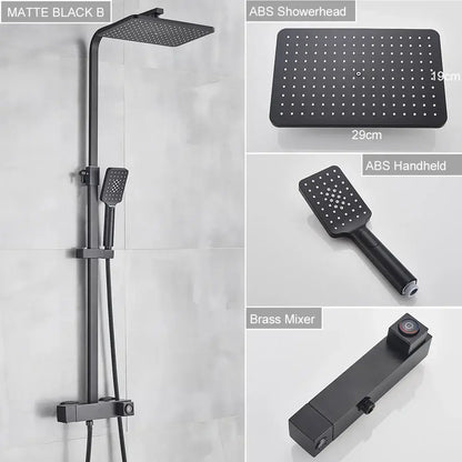 Modern black brass shower faucet with rainfall head for bathroom