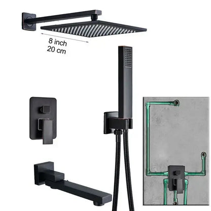 Modern black brass shower faucet with rainfall head for bathroom