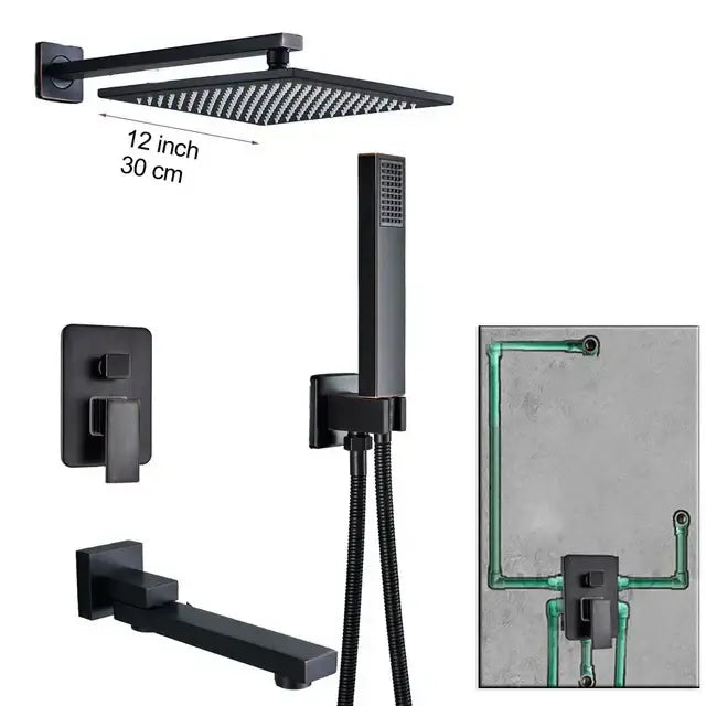 Modern black brass shower faucet with rainfall head for bathroom