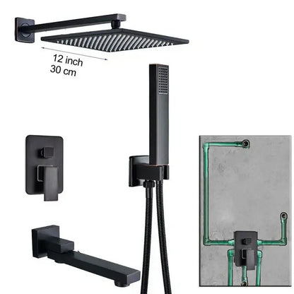 Modern black brass shower faucet with rainfall head for bathroom