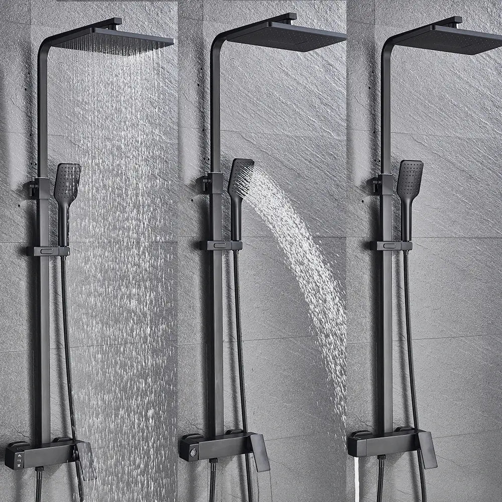 Modern black brass shower faucet with rainfall head for bathroom