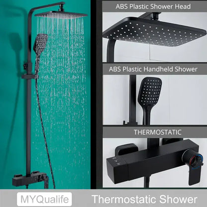 Modern black brass shower faucet with rainfall head for bathroom
