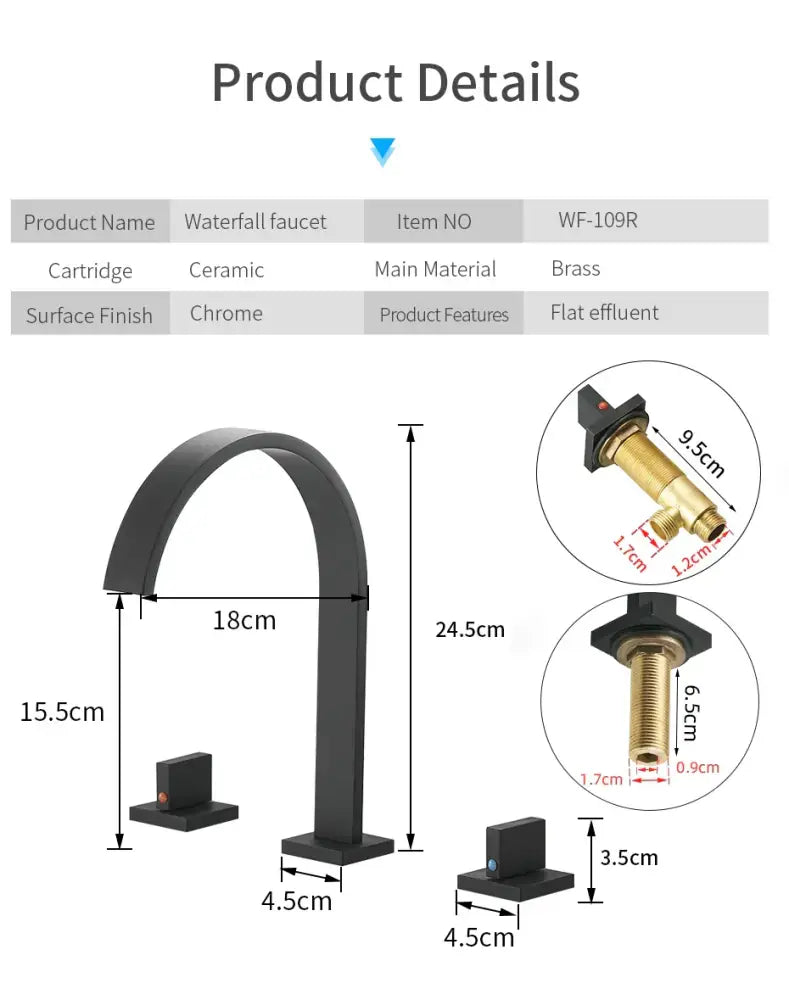 Modern black brass waterfall faucet bathroom double handle tap