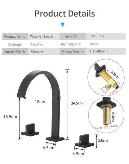 Modern black brass waterfall faucet bathroom double handle tap