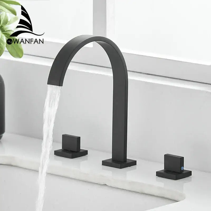 Modern black brass waterfall faucet bathroom double handle tap