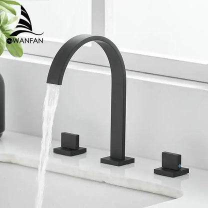 Modern black brass waterfall faucet bathroom double handle tap